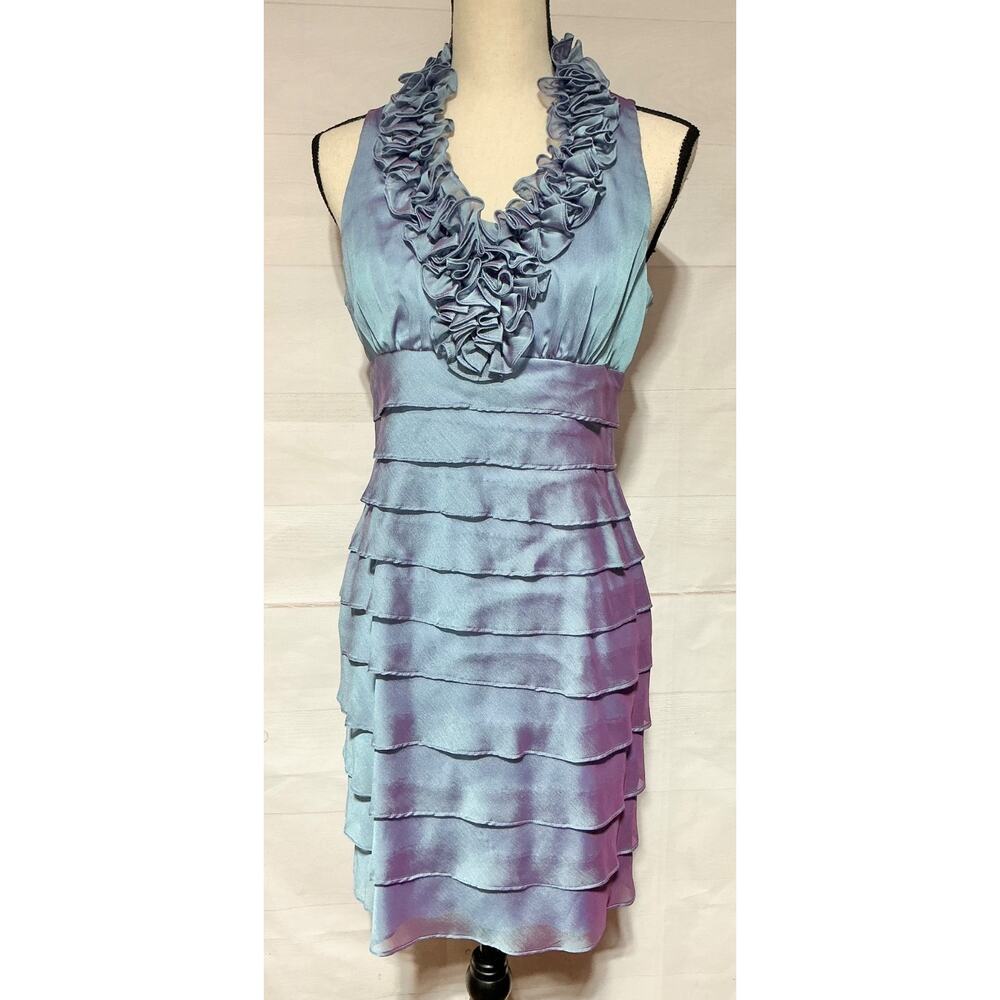 LONDON TIMES Sz 8 PETITE iridescent blue purple tiered ruffled sheath dress